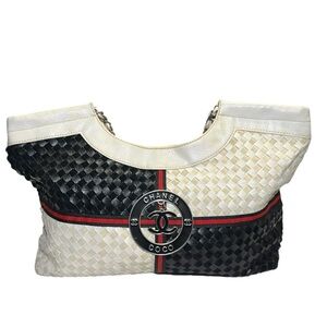 Vintage CHANEL Off White/ Black & Red Woven Shoulder Bag